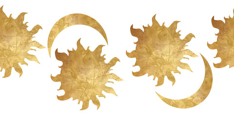 Golden sun and moon clipart seamless border. Sky stars clipart with gold texture banner,crescent for astrology, tarot, boho design.Mystic vintage hand drawn repeated painting © Evgeniya