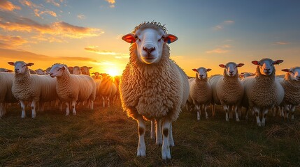 Fototapeta premium A flock of sheep at sunset