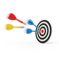 3D illustration of darts flying at a dartboard isolated on white