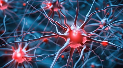 Microscopic view of nerve tissue showing neurons with long axons, dendrites, and a cell body, along with glial cells, highlighting their role in transmitting electrical signals and facilitating commun