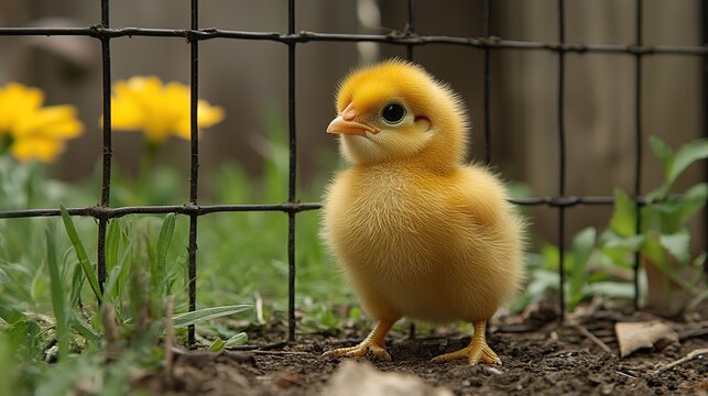 A fluffy yellow chick behind a wire fence, observing a garden