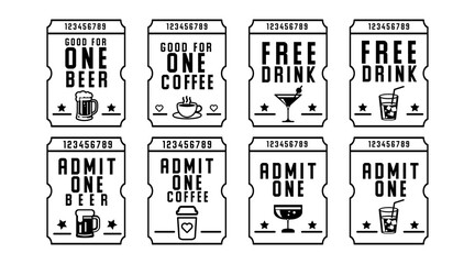 Set of free drink tickets. Black and white tickets. EPS 10