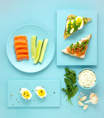 Creative food health diet concept photo of dishes sandwich with vegetables and fish salmon on blue background.