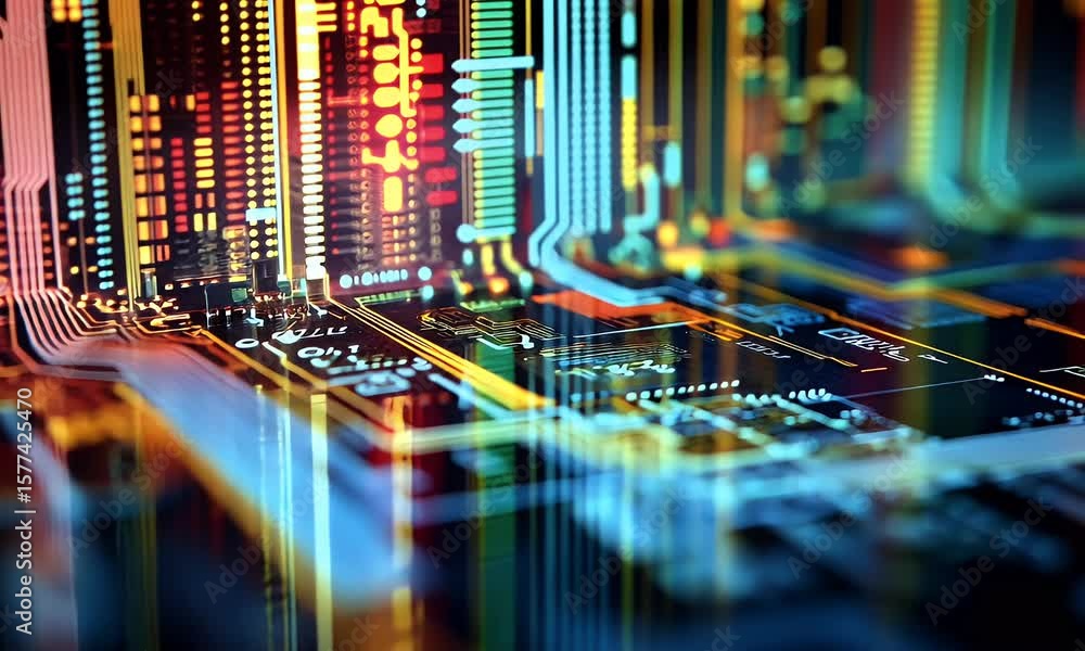 Fototapete Abstract background with a digital circuit board and binary code. High-tech technology concept. Digital rendering of computer chips, data transfer,