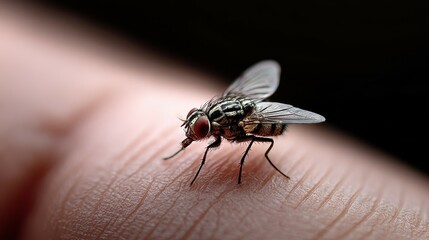 Obraz premium Close-up view of a fly perched on a human finger under soft lighting at a home setting