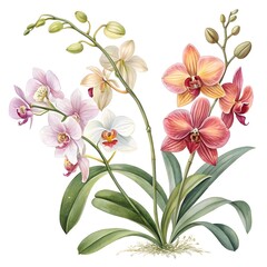  Botanical watercolor of pink orchids with green foliage and palm trees in the background.