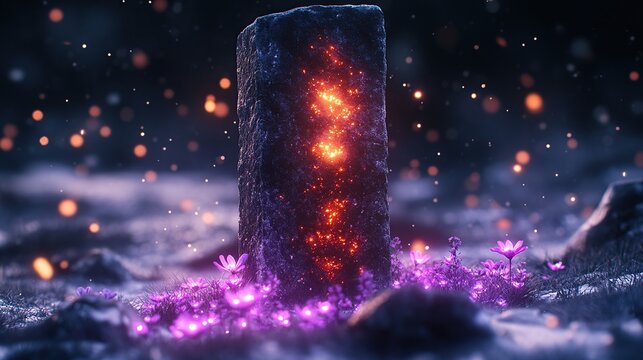 A glowing, obsidian obelisk amidst ethereal flowers and starry night