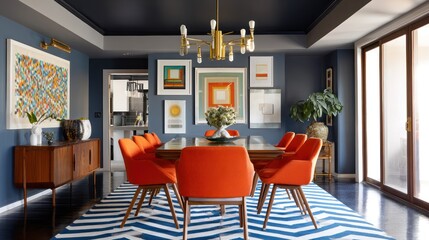 Modern dining room with bold color and art
