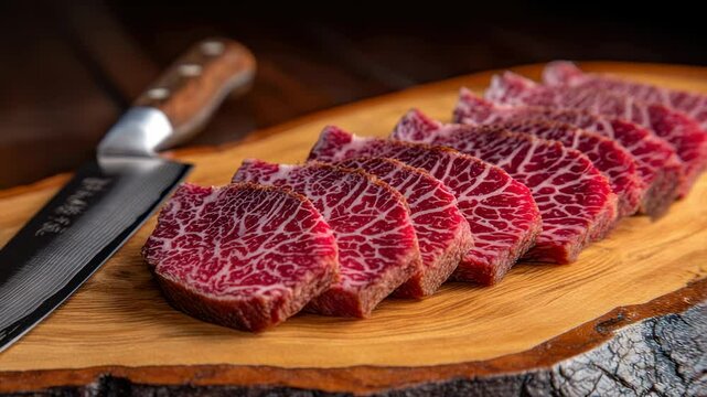 Sliced raw marbled meat with a knife on a wooden board