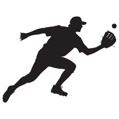 Silhouette of a baseball player in a cap running to catch a ball with a glove