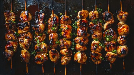 Fototapeta premium Grilled Chicken Yakitori Skewers on a Dark Background with Sauce