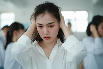 Young woman troubled and stressed, covering ears with hands in a blurred classroom setting