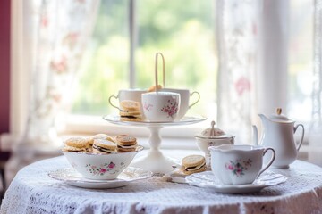Vintage tea set with sweets on lace tablecloth