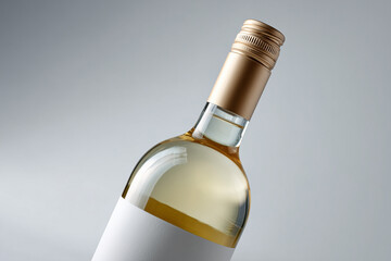 Close-up of a sleek bottle of white wine with gold screw cap and blank label on a light gray background