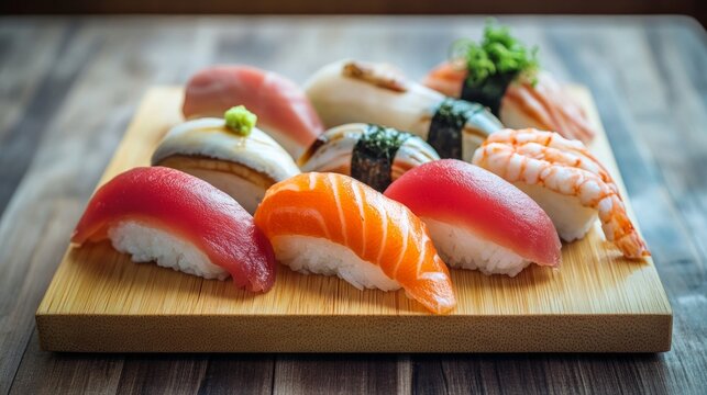 Fresh Sushi Platter with Assorted Nigiri on Wooden Board