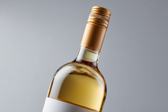 Close-up of a bottle of white wine with a golden screw cap and blank label on a gray background