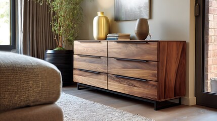 Bedroom Interior with Modern Wooden Dresser and Home Decor
