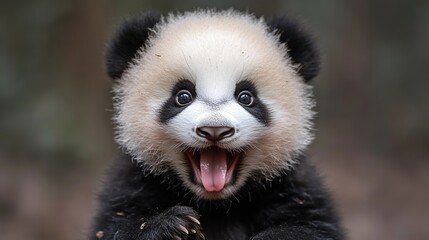 Obraz premium A joyful panda cub with an open mouth
