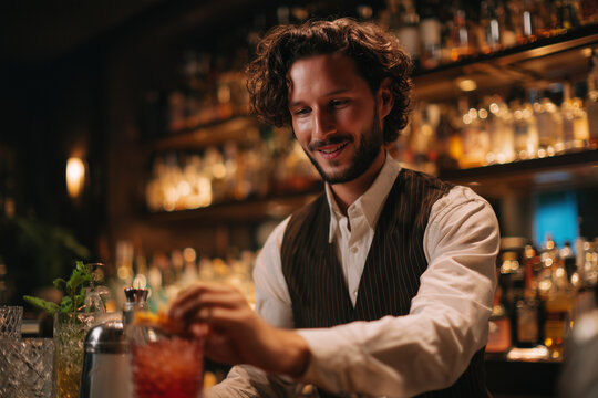 Smiling bartender preparing a cocktail in a cozy, warmly lit bar with shelves full of liquor bottles in the background