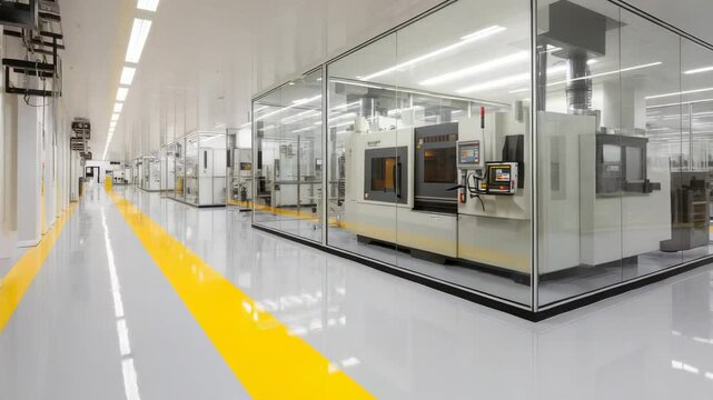 Clean manufacturing floor with glass-enclosed machine, yellow path