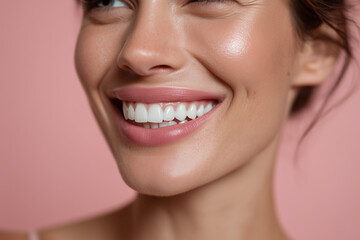 Obraz premium Close-up of a beautiful woman smiling with perfect white teeth on a soft pink background