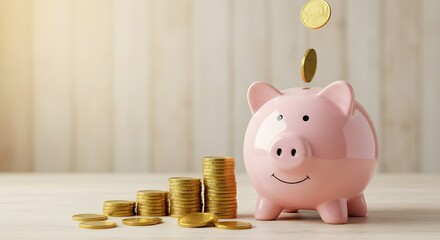 Monedas doradas que vuelan y flotan a Piggy Bank para el ahorro financiero creativo y el concepto de depósito con espacio de copia, render 3D.