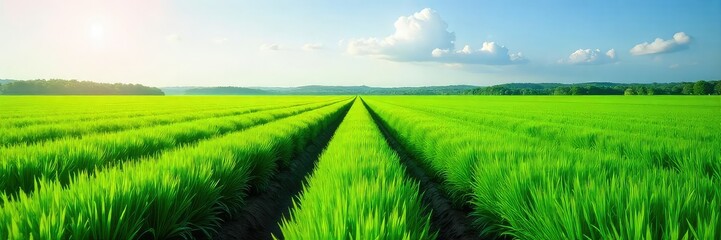 Vast expanse of lush green plantation land, rows of crops stretching to the horizon under a bright sky Ideal for agriculture, farming, and environmental themes , rural, estate