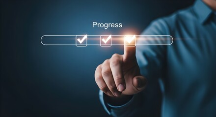 Person touching a progress bar with checkmarks indicating completion and success