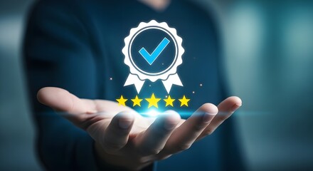 Man holding a glowing award badge with a checkmark and five gold stars above his open palm