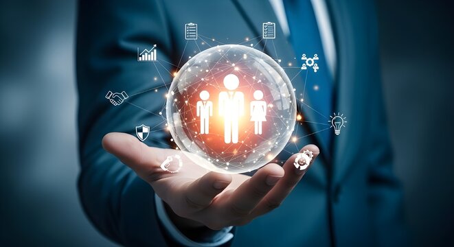 Businessman holding a glowing sphere with icons representing business growth and human resources