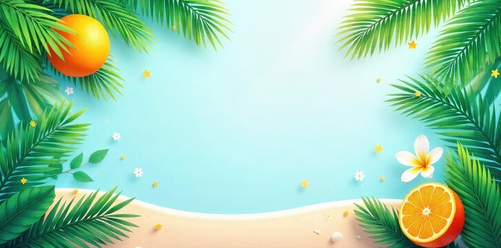 Vibrant summer holiday flyer design featuring tropical leaves, beach elements, and bright colors, perfect for travel promotions and summer events , holiday, exciting