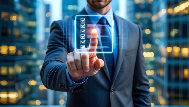 Businessman interacting with a futuristic digital checklist interface on a city background