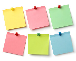 Six colorful sticky notes pinned on a white surface with different colored push pins holding them up