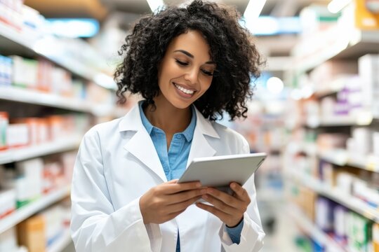 Smiling pharmacist using digital tablet in drugstore aisle
