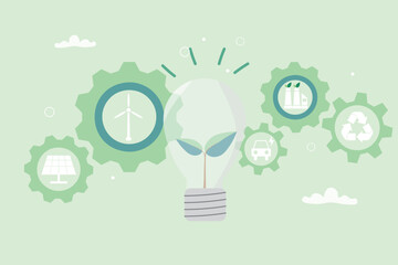 Green Innovation and Clean Energy environmental awareness concept. Plant growing inside a lightbulb with gears, symbolizing sustainable technology and eco-friendly. Vector illustration.