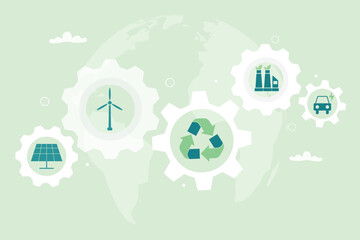 Green Innovation and Clean Energy environmental awareness concept. Gear with eco icon, symbolizing sustainable technology and eco-friendly. Vector illustration.