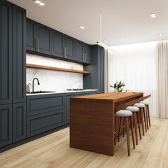 Modern kitchen with navy blue cabinetry, white marble backsplash, sleek wooden island with bar stools, minimalist lighting, and natural light through sheer curtains