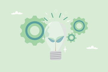 Green Innovation and Clean Energy environmental awareness concept. Plant growing inside a lightbulb with gears, symbolizing sustainable technology and eco-friendly. Vector illustration.