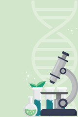 Green Laboratory banner background vector flat design. Microscope test tube DNA and plant science icon with copy space in concept of biotechnology or biochemistry for science medical research.
