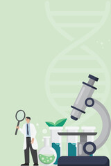 Green Laboratory vector flat design. scientist holding magnifying glass with microscope test tube DNA and plant in concept of biotechnology or biochemistry for science medical research.