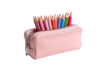 Pink pencil case filled with colorful pencils isolated on transparent background
