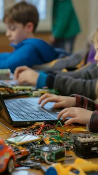 A group children are participating in robotics activity. They are working with laptops, components, constructing vehicles, learning about robotics. There are components like wires, circuit