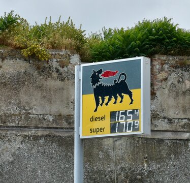 Fuel prices shown on Agip station board in Italy in June 2025