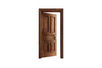 Rustic wooden doorway with open door isolated on transparent background
