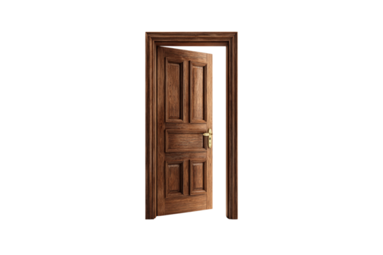 Rustic wooden doorway with open door isolated on transparent background