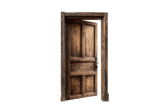 Rustic wooden doorway with open door isolated on transparent background