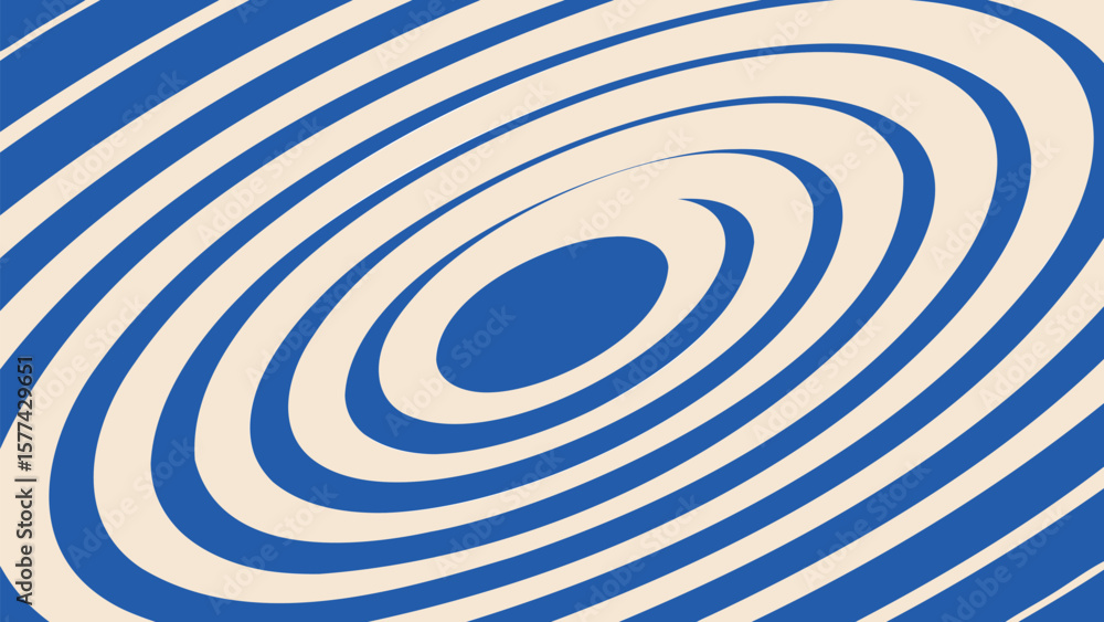 Poster illustration of an abstract spiral pattern with blue and cream colored curved lines creating a vorte