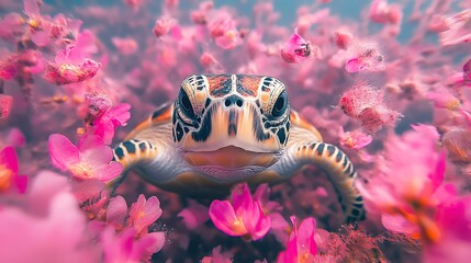 A tiny sea turtle surrounded by vibrant pink flowers in the ocean