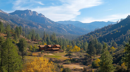 A scenic view of a mountain valley with evergreen trees and a wooden house under a bright blue sky