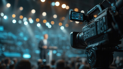 A professional video camera records a presentation or event, focusing on detail and clarity.